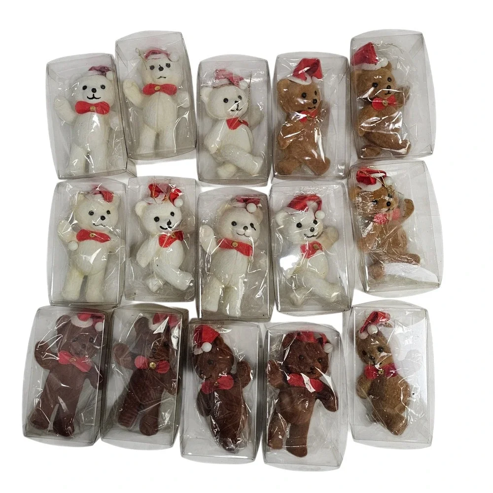 Lot of 15‎ Vtg Style Flocked Teddy Bear Christmas Ornaments Individually Boxed